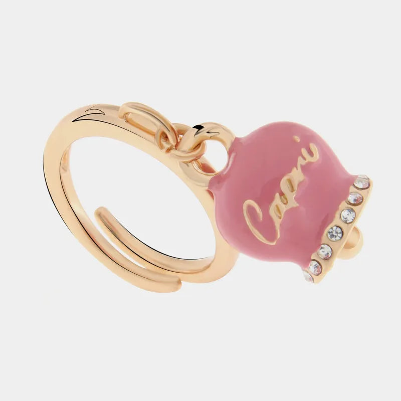 Anello in Metallo con campanella portafortuna pendente impreziosita da smalto rosa e cristalli