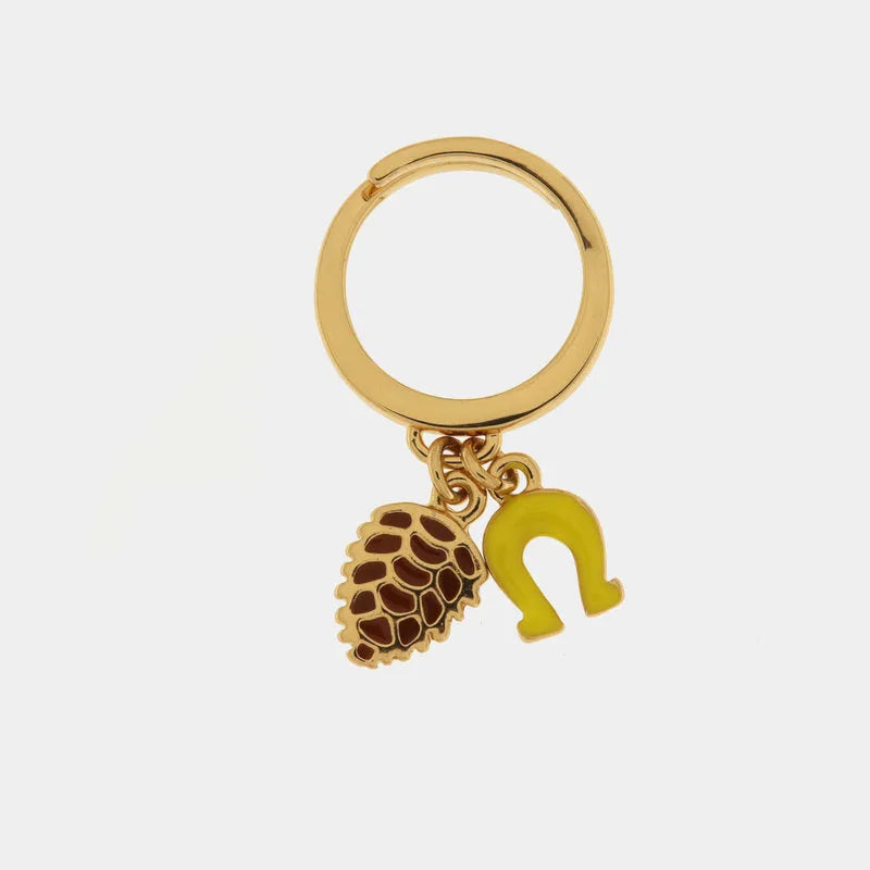 Anello in Metallo con pigna e ferro di cavallo in smalto giallo