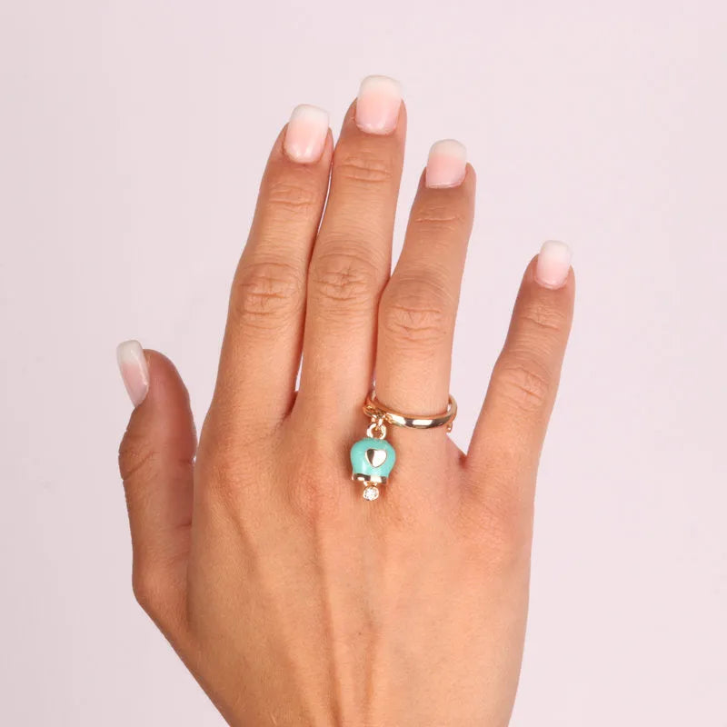 Anello in Metallo con campanella portafortuna in smalto tuchese impreziosita da cuore e punto luce - BYSIMON gioielli