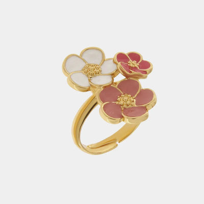 Anello in Metallo con tre fiori di cololre rosa antico, bianco e rosso - BYSIMON gioielli