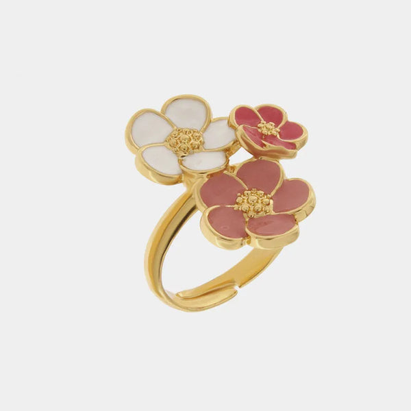 Anello in Metallo con tre fiori di cololre rosa antico, bianco e rosso - BYSIMON gioielli
