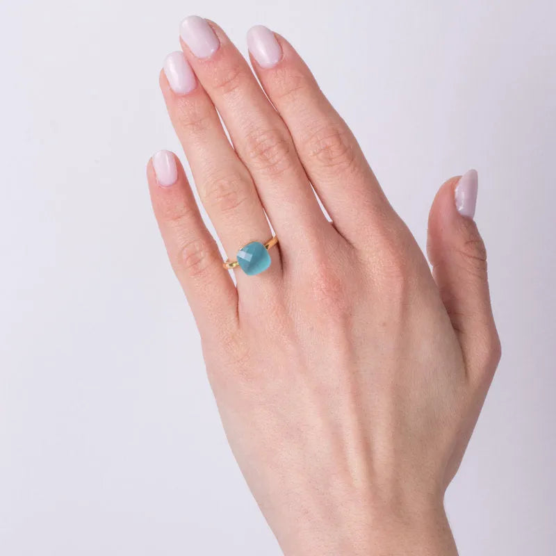 Anello in Metallo con cristallo quadrato turchese