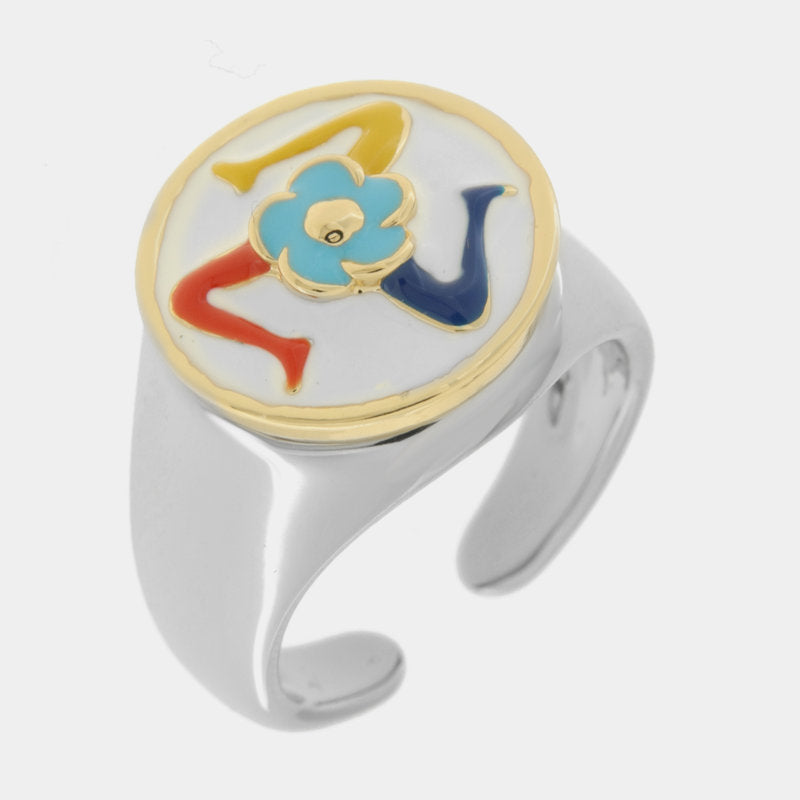 Anello in Metallo rotondo con Trinacria con fiore - BYSIMON gioielli