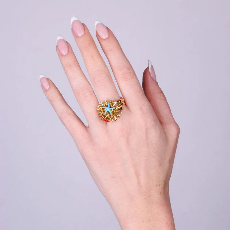Anello in Metallo con riccio di mare con stelle marine - BYSIMON gioielli