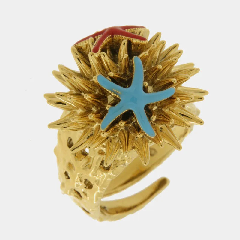 Anello in Metallo con riccio di mare con stelle marine - BYSIMON gioielli