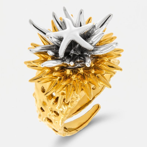 Anello in Metallo con riccio di mare placcato oro e argento e stella bianca - BYSIMON gioielli