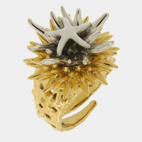 Anello in Metallo con riccio di mare placcato oro e argento e stella bianca - BYSIMON gioielli
