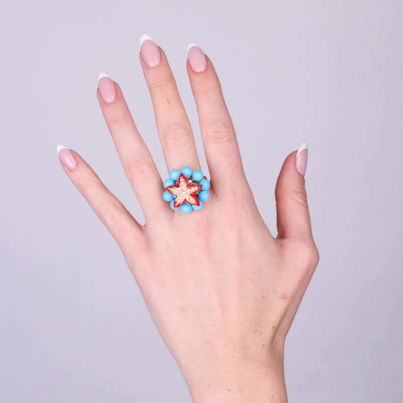 Anello in Metallo con sfere turchesi e stella marina rossa - BYSIMON gioielli