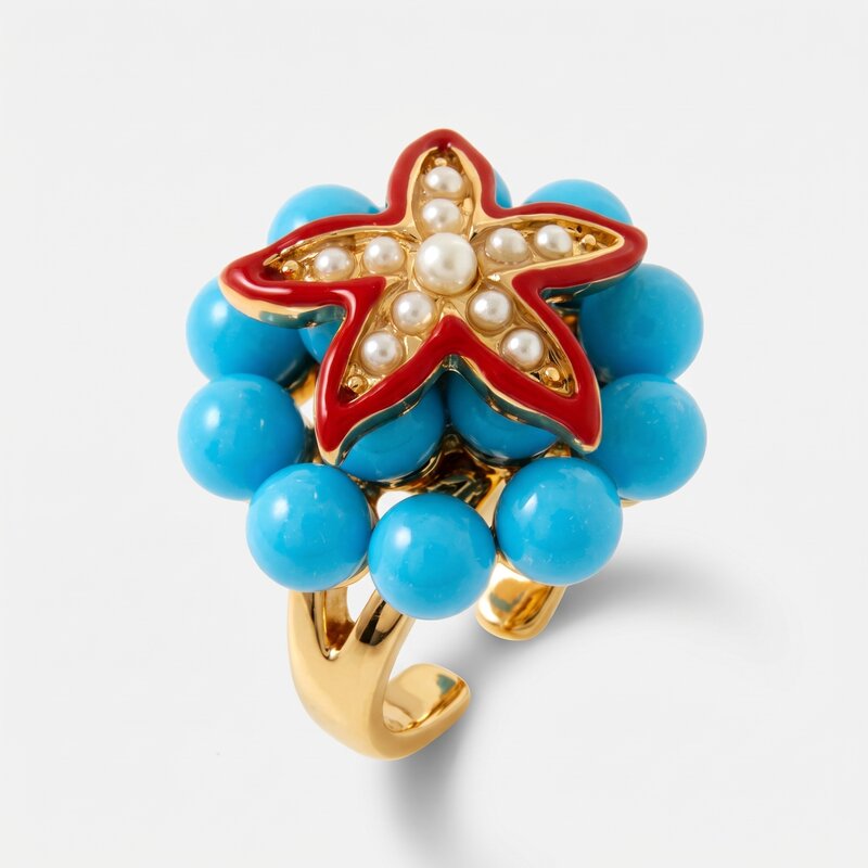 Anello in Metallo con sfere turchesi e stella marina rossa - BYSIMON gioielli