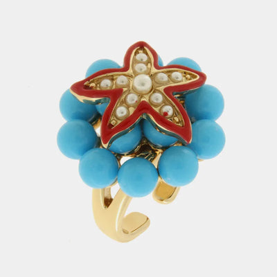 Anello in Metallo con sfere turchesi e stella marina rossa - BYSIMON gioielli
