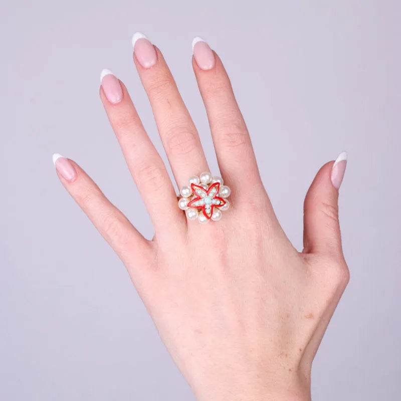 Anello in Metallo con sfere bianche e stella marina rossa - BYSIMON gioielli