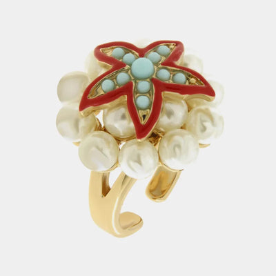 Anello in Metallo con sfere bianche e stella marina rossa - BYSIMON gioielli