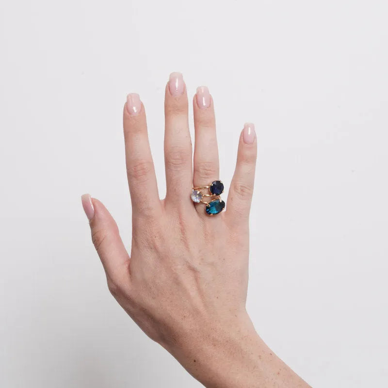 Anello in Metallo cristalli blu, neri e verdi - BYSIMON gioielli