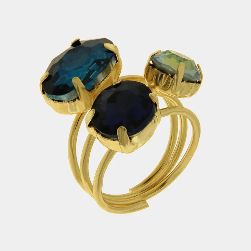 Anello in Metallo cristalli blu, neri e verdi - BYSIMON gioielli