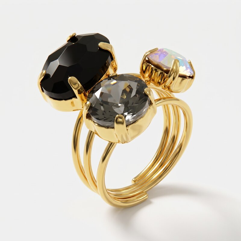 Anello in Metallo cristalli neri e viola - BYSIMON gioielli