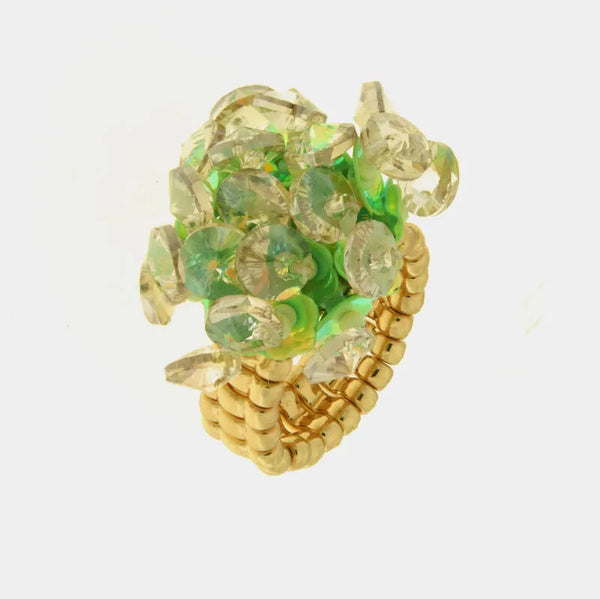 Anello in Metallo elastico donna paillettes verde iridescenti placcato oro - BYSIMON gioielli
