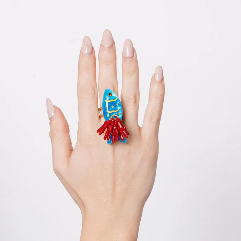 Anello in Metallo a forma di pesce smaltati turchese coralli con vernice rossa BYS - gioiello BySimon