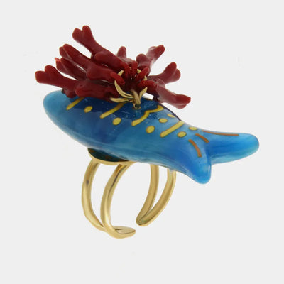 Anello in Metallo a forma di pesce smaltati turchese coralli con vernice rossa BYS - gioiello BySimon