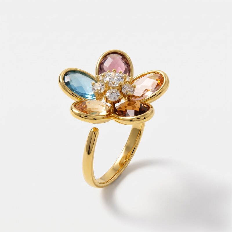 Anello in Metallo donna in metallo a forma di fiore con cristalli oleografici colorati, - BYSIMON gioielli