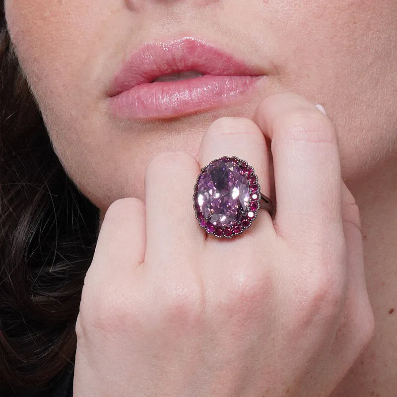 Anello in Metallo brunito zircone ovale rosa