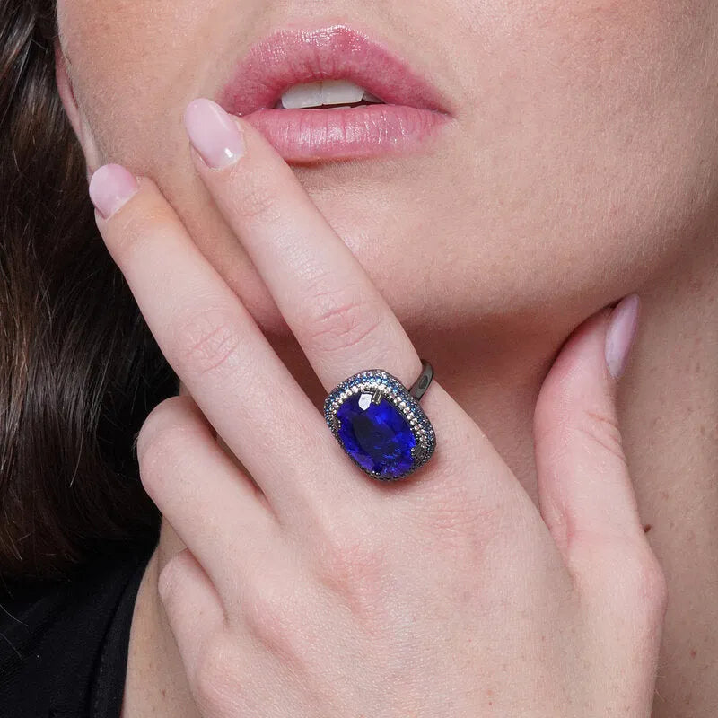Anello in Metallo brunito zircone rettangolo blu