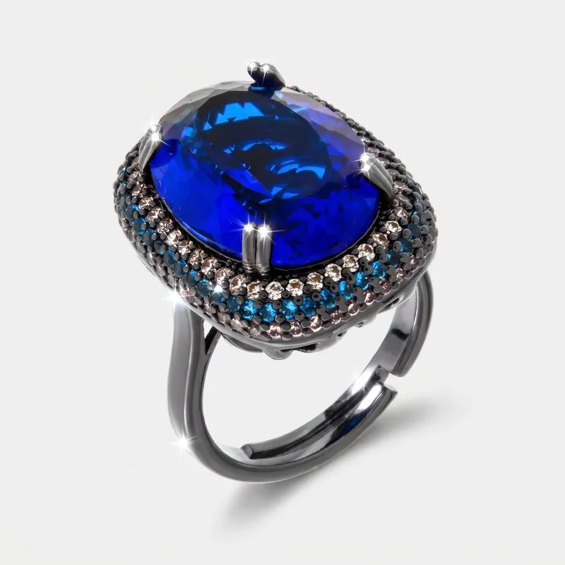 Anello in Metallo brunito zircone rettangolo blu