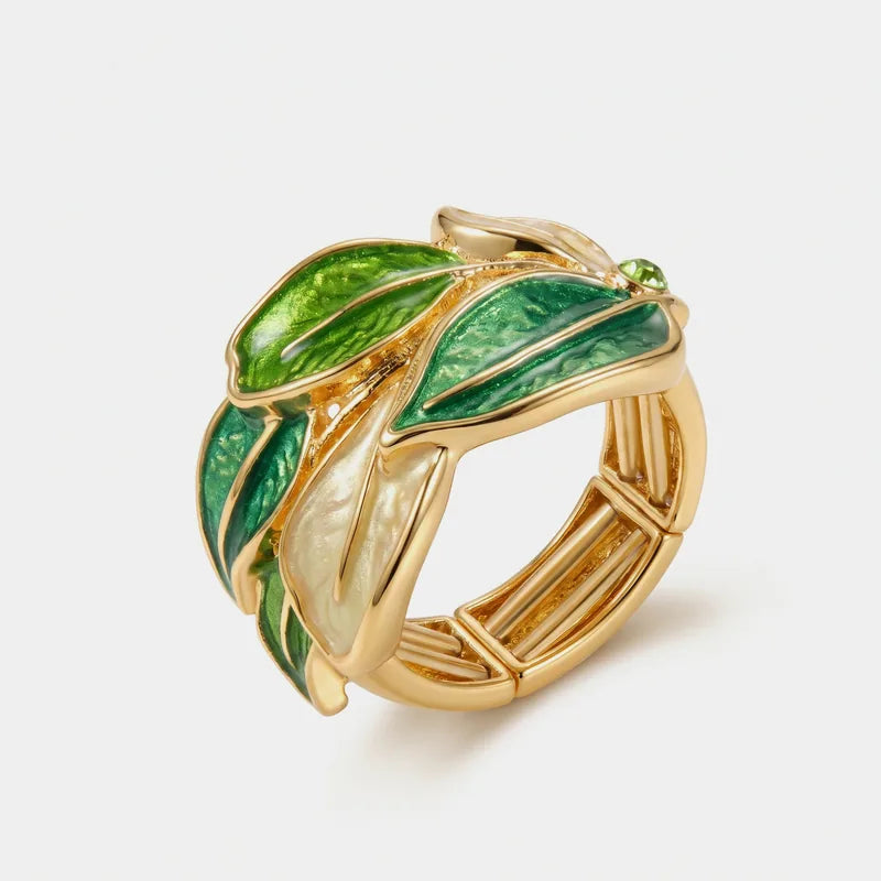 Anello in Metallo e ferma foulard foglie smaltate verdi