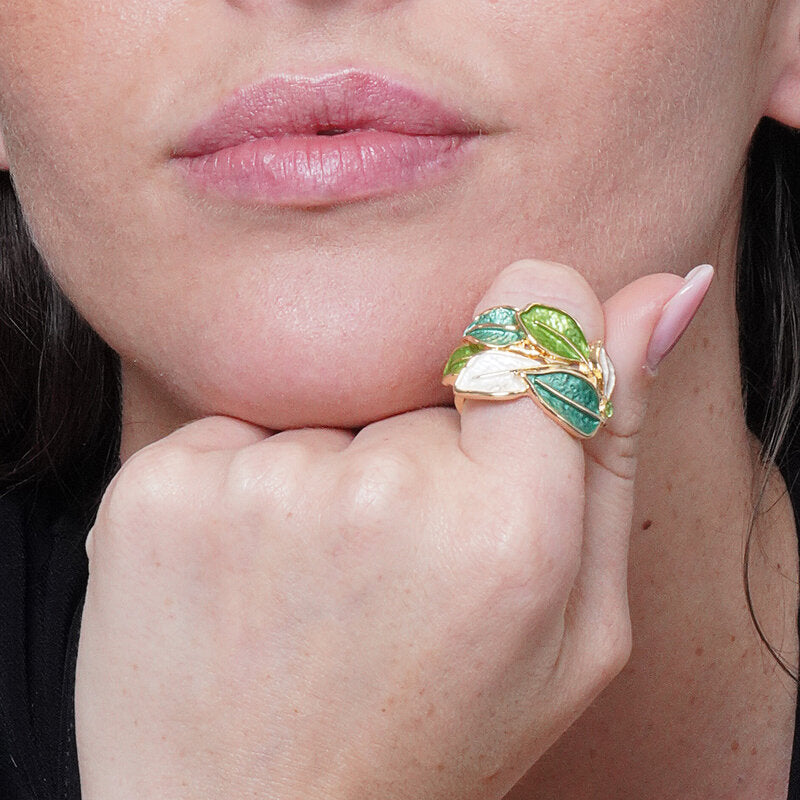 Set coordinato - Anello in Metallo e ferma foulard foglie smaltate verdi