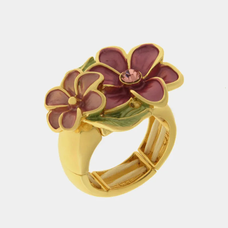 Anello in Metallo e ferma foulard fiori smaltati rosa