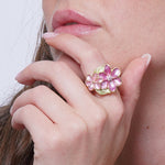 Set coordinato - Anello in Metallo e ferma foulard fiori smaltati rosa