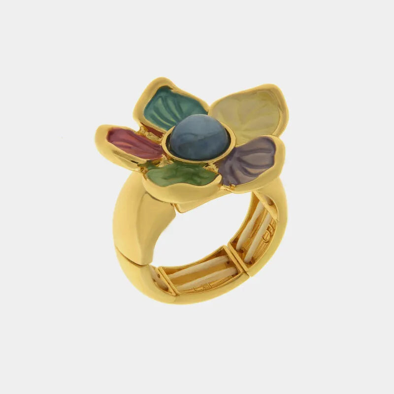 Anello in Metallo e ferma foulard fiore smaltato multicolore e pietra centrale