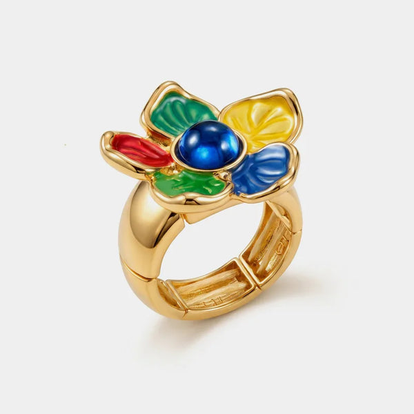 Anello in Metallo e ferma foulard fiore smaltato multicolore e pietra centrale