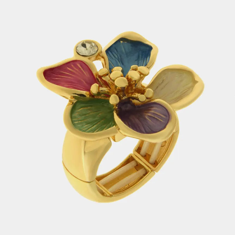 Anello in Metallo e ferma foulard fiore smaltato multicolore