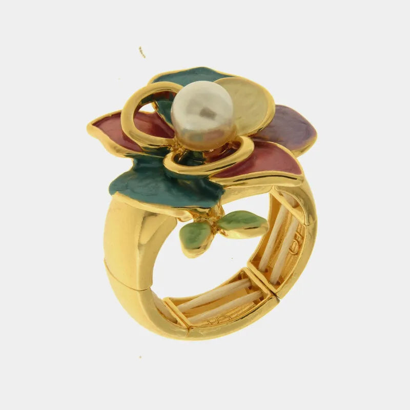 Anello in Metallo e ferma foulard fiore smaltato multicolore e perlina centrale