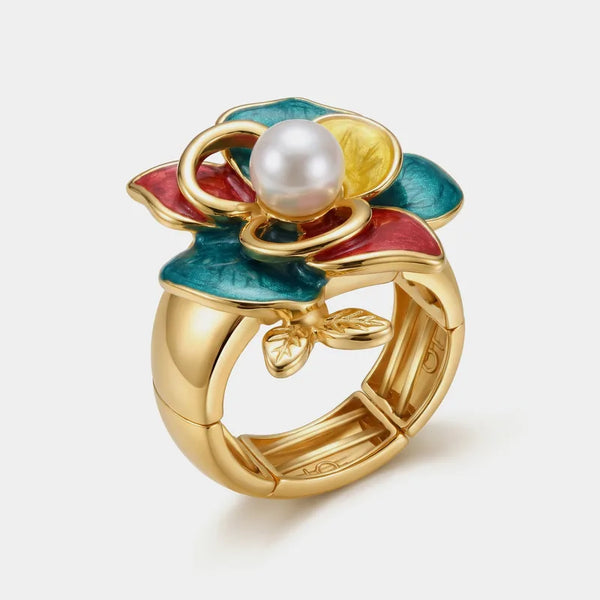 Anello in Metallo ferma foulard fiore smaltato multicolore