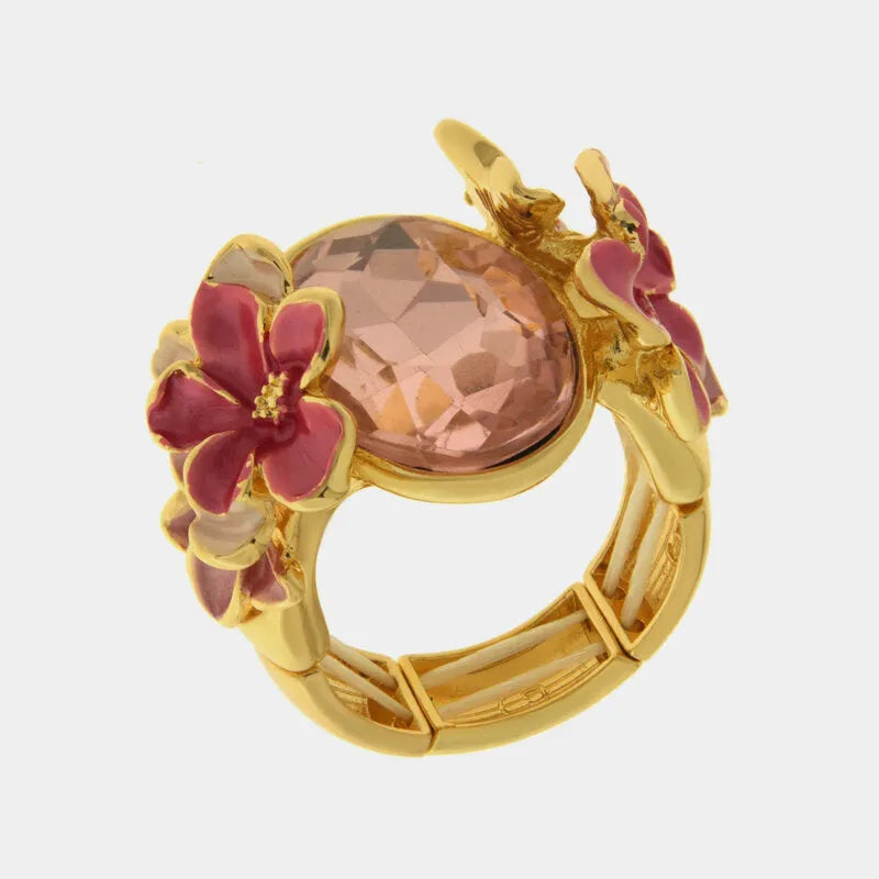 Anello in Metallo e ferma foulard cristallo e fiori smaltati rosa