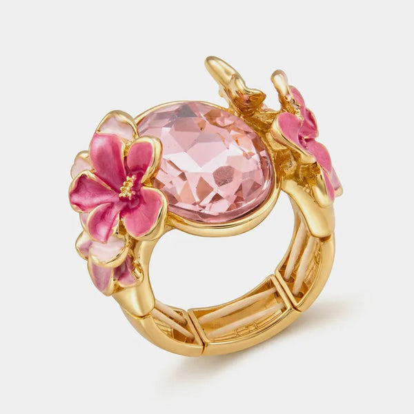 Anello in Metallo e ferma foulard cristallo e fiori smaltati rosa
