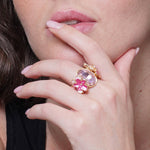 Set coordinato - Anello in Metallo e ferma foulard cristallo e fiori smaltati rosa