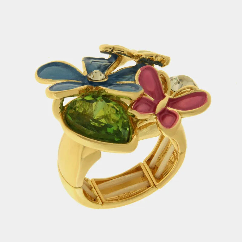 Anello in Metallo e ferma foulard farfalle smaltate e cristallo verde