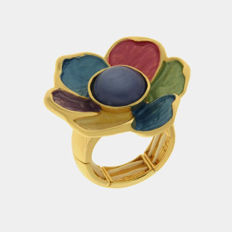 Anello in Metallo e ferma foulard fiore smaltato multicolore e pietra blu centrale