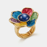 Anello in Metallo e ferma foulard fiore smaltato multicolore e pietra blu centrale