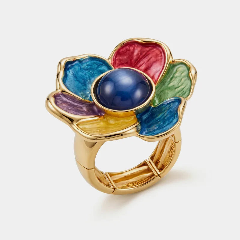 Anello in Metallo e ferma foulard fiore smaltato multicolore e pietra blu centrale