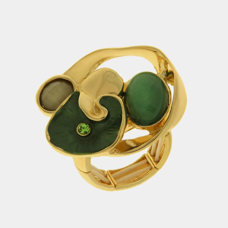 Anello in Metallo e ferma foulard forma geometrica smaltata verde e pietra verde