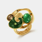 Anello in Metallo e ferma foulard forma geometrica smaltata verde e pietra verde