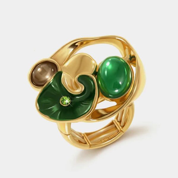 Anello in Metallo e ferma foulard forma geometrica smaltata verde e pietra verde