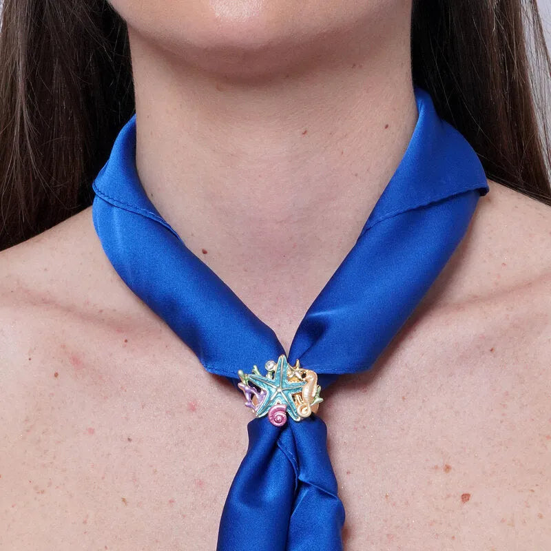 Anello in Metallo e ferma foulard elementi marini smaltati multicolore