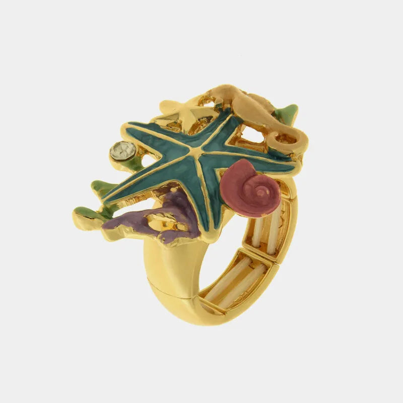 Anello in Metallo e ferma foulard elementi marini smaltati multicolore