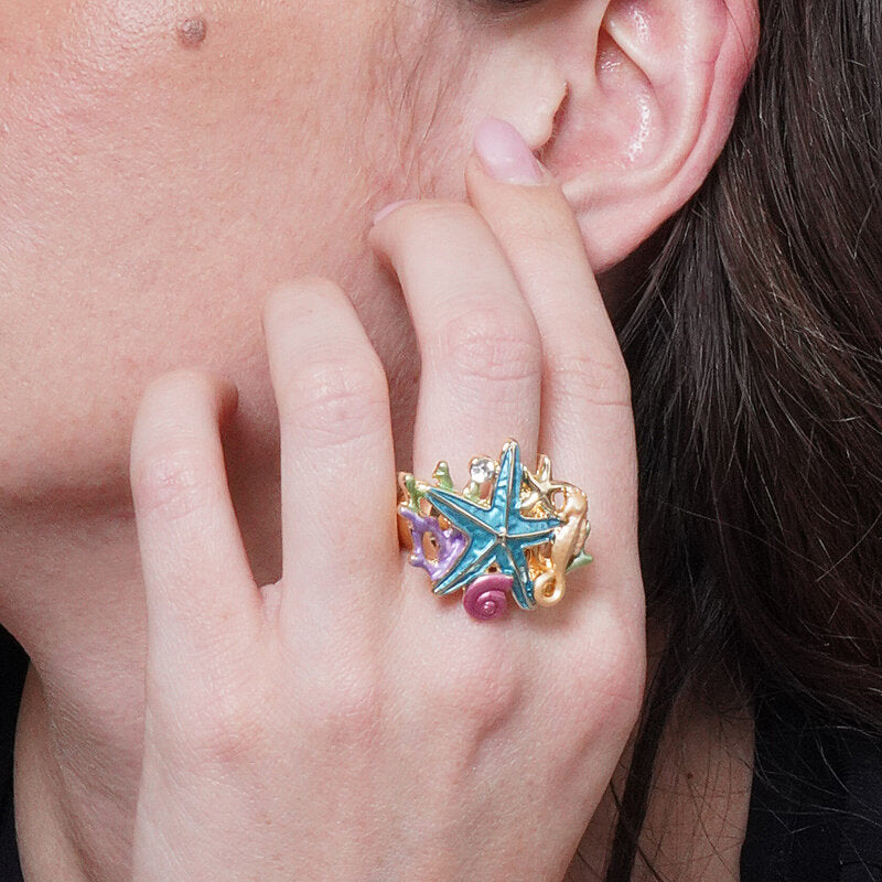 Set coordinato - Anello in Metallo e ferma foulard elementi marini smaltati multicolore