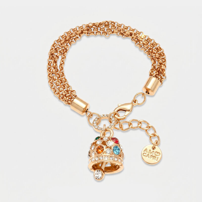 Bracciale in Metallo catena multifilo, con campana pendente impreziosita da cristalli multicolore e punti luce bianchi - BYSIMON gioielli