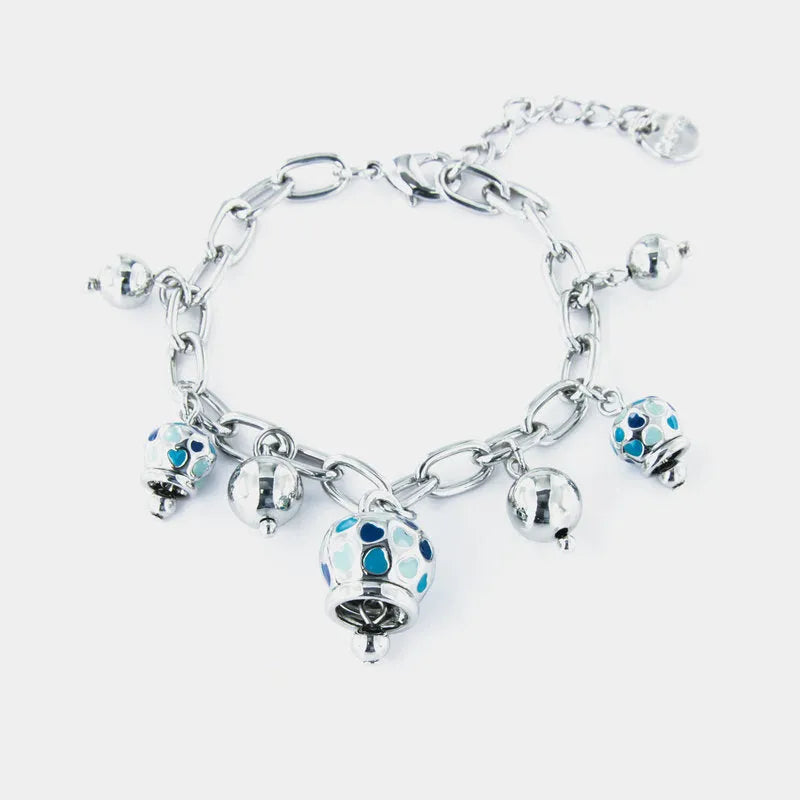 Bracciale in Metallo con campanelle pendenti a trama cuori impreziositi da smalti nelle tonalità delll'azzurro - BYSIMON gioielli